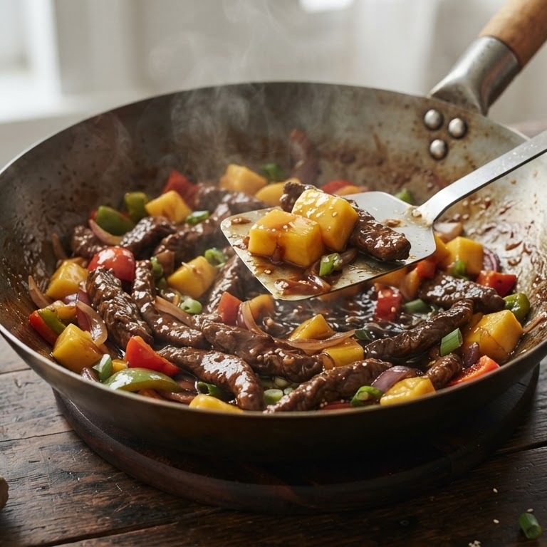 Roergebakken rundvlees met mango recept