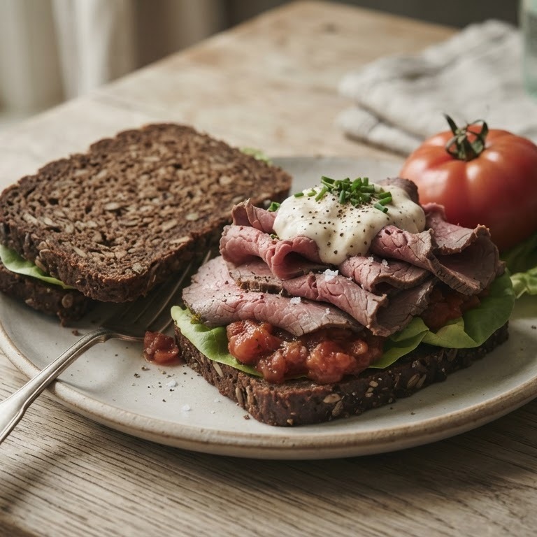 Roggebrood met rosbief en mierikswortel recept