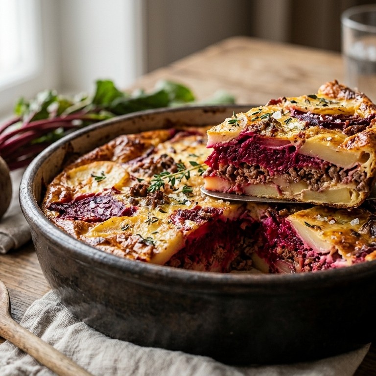 Romige aardappel-bietenschotel met rundergehakt recept