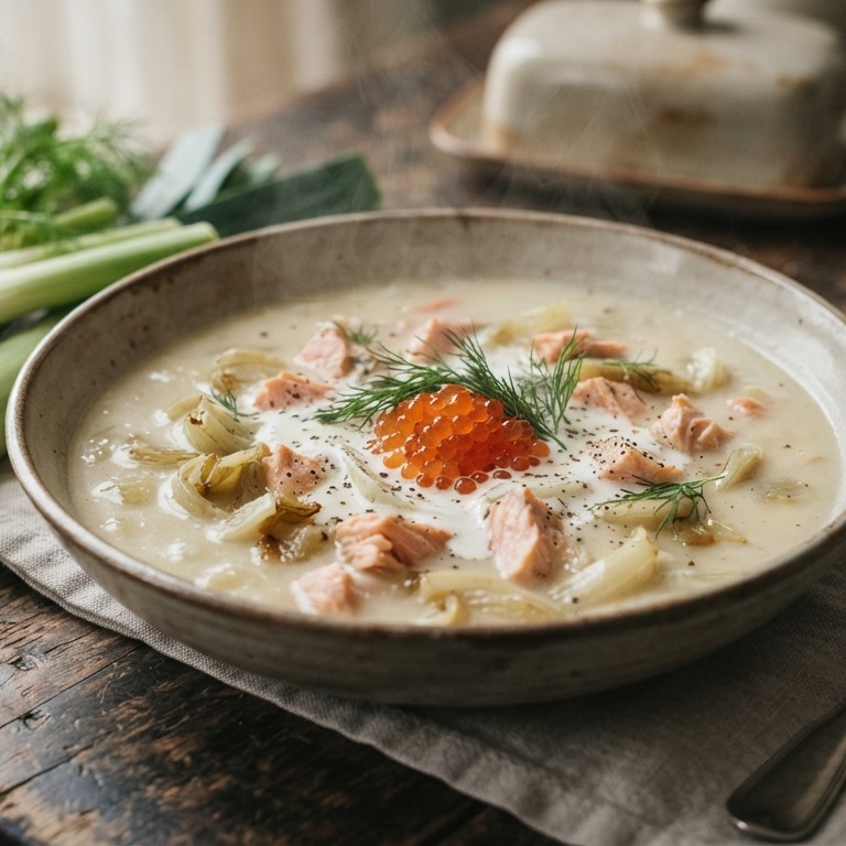 Romige aardappelsoep met zalm en zalmeitjes recept