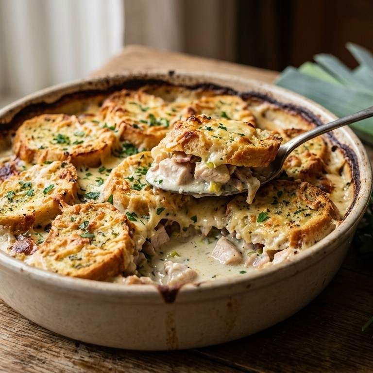 Romige kipgratin met een deksel van stokbrood en kruidenboter recept