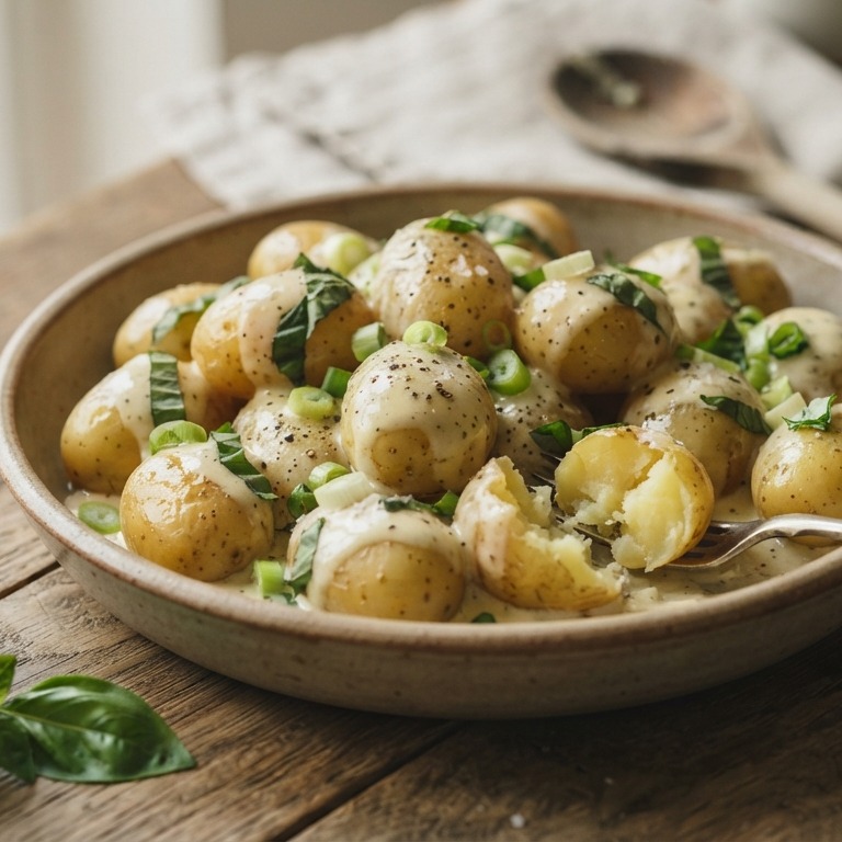 Romige krielaardappeltjes met lente-ui en basilicum recept