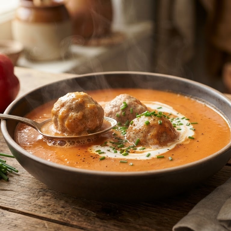 Romige paprikasoep met reuze soepballen recept