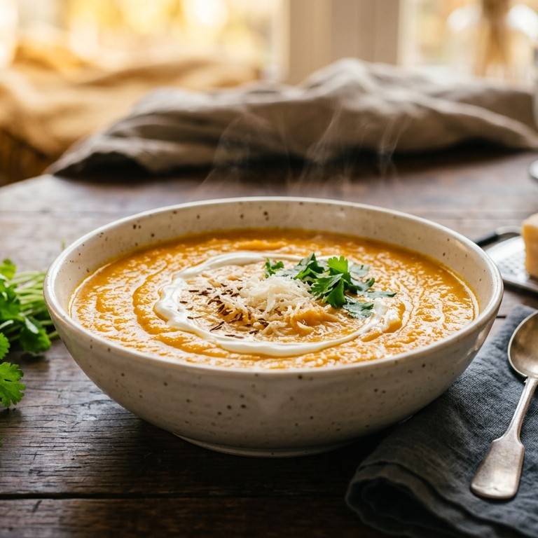 Romige pompoensoep met knoflook, komijn en aardappelen recept