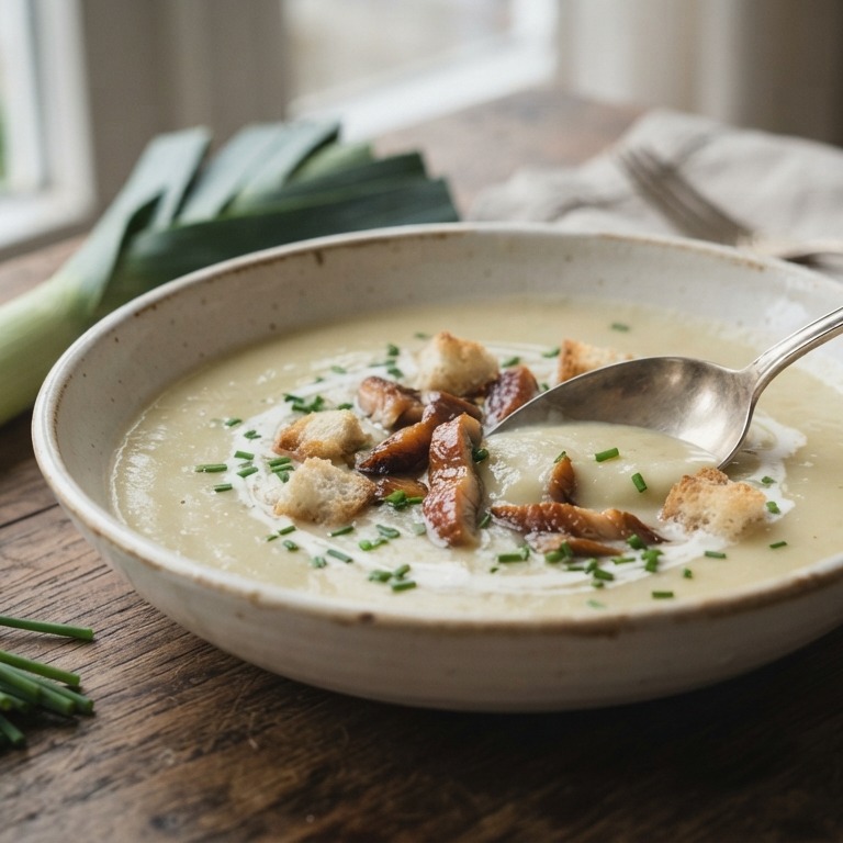 Romige preisoep met gerookte paling en croutons recept