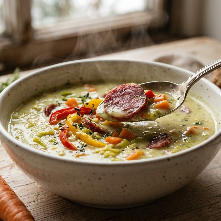 Romige preisoep met salami en paprika recept