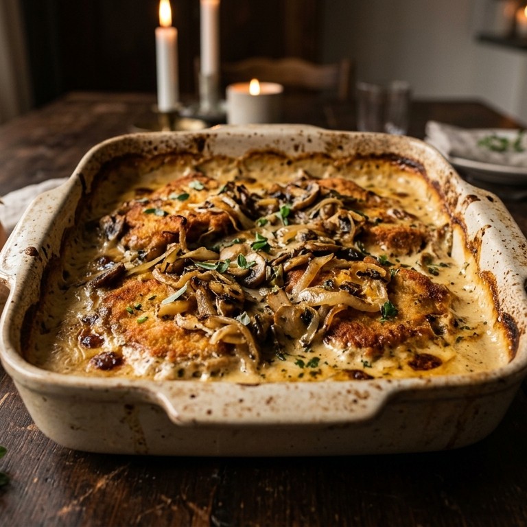 Romige schnitzelschotel met uien recept