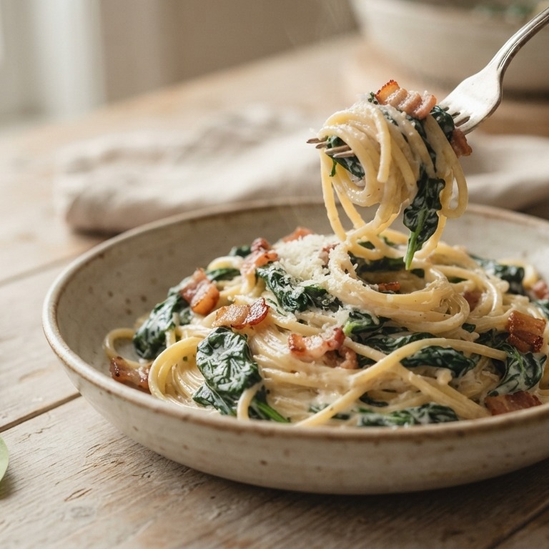 Romige spaghetti met spinazie en spekjes recept