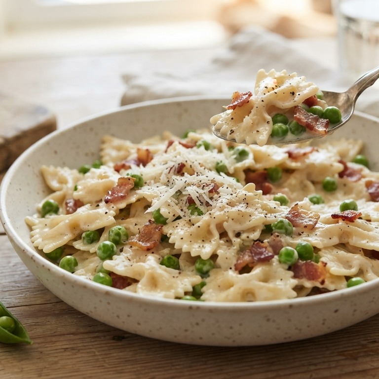 Romige strikjespasta met spek en erwten recept