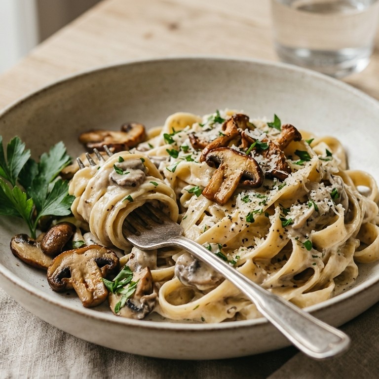 Romige tagliatelle met champignons en roomkaas recept