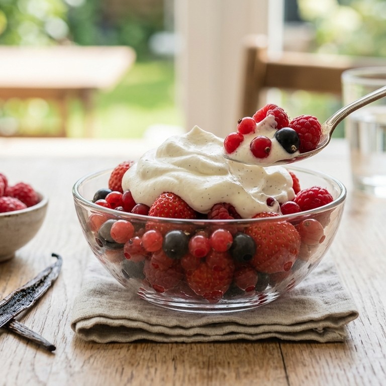 Rood fruitsalade met vanilleroom recept