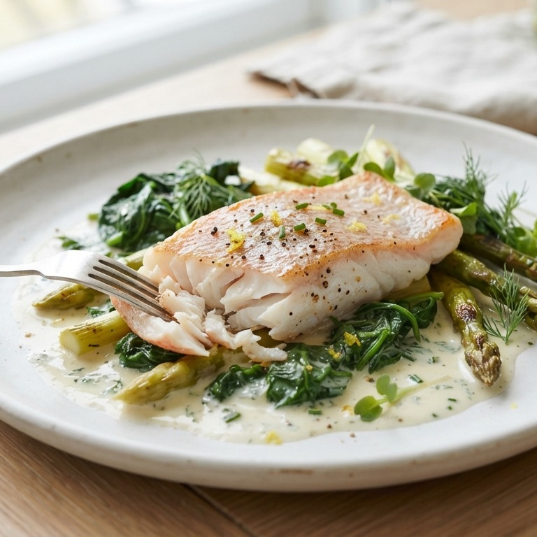 Roodbaars met spinazie en asperges recept