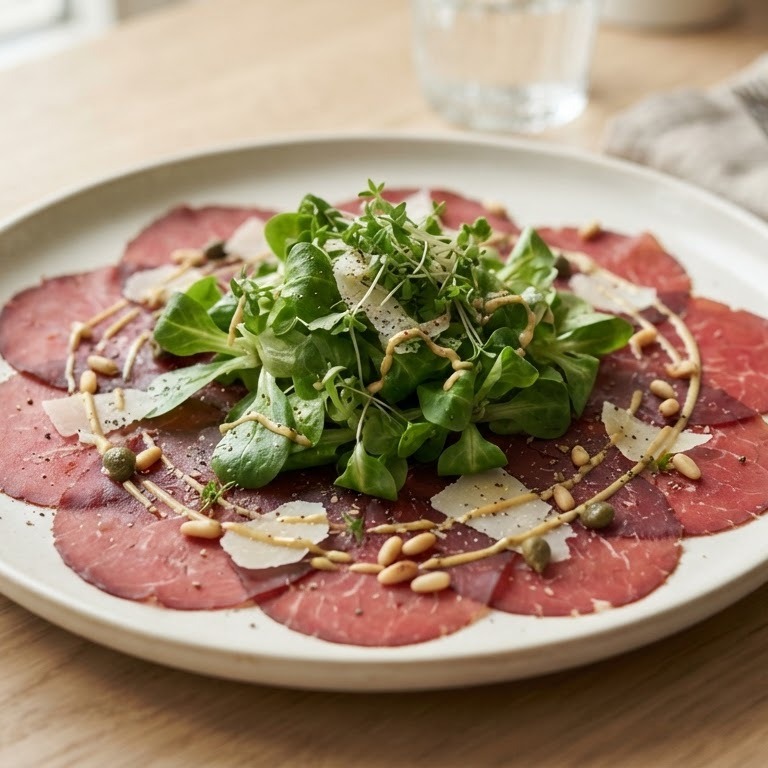 Rookvleescarpaccio met veldsla en tuinkers recept