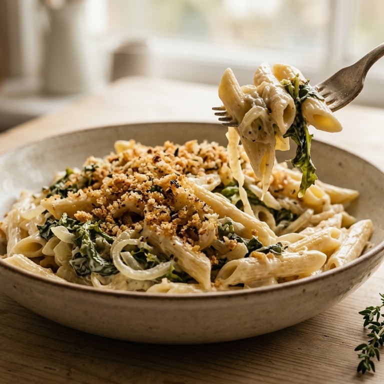 Roomandijvie met knoflookkruim en penne recept