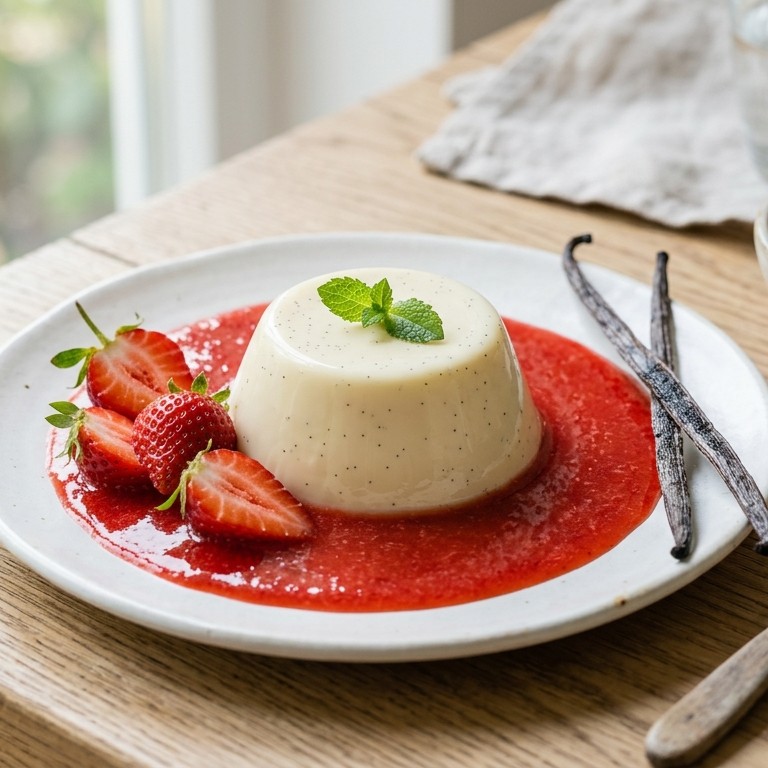 Roompudding met aardbeiensaus recept