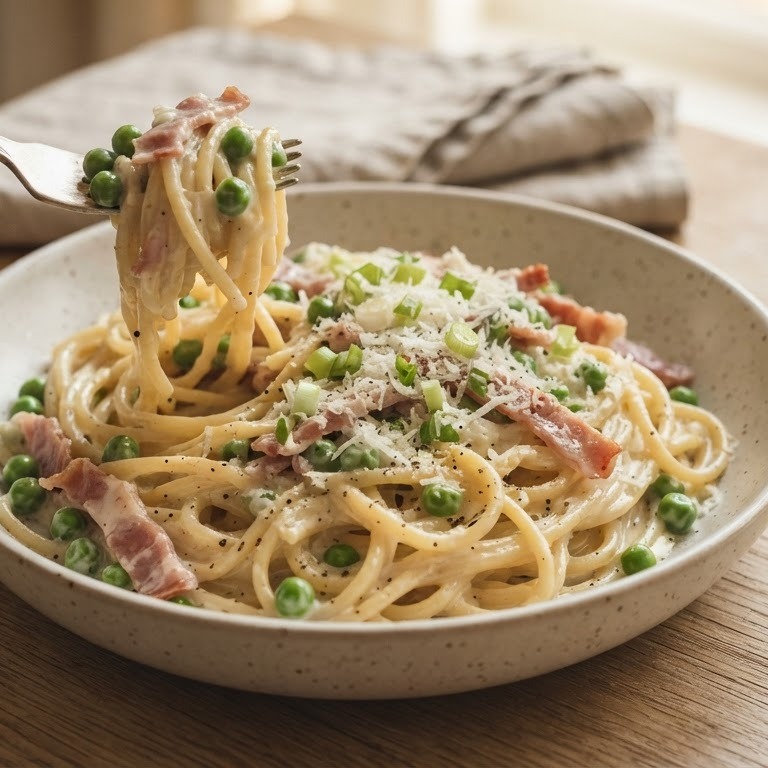 Roomspaghetti met doperwten recept