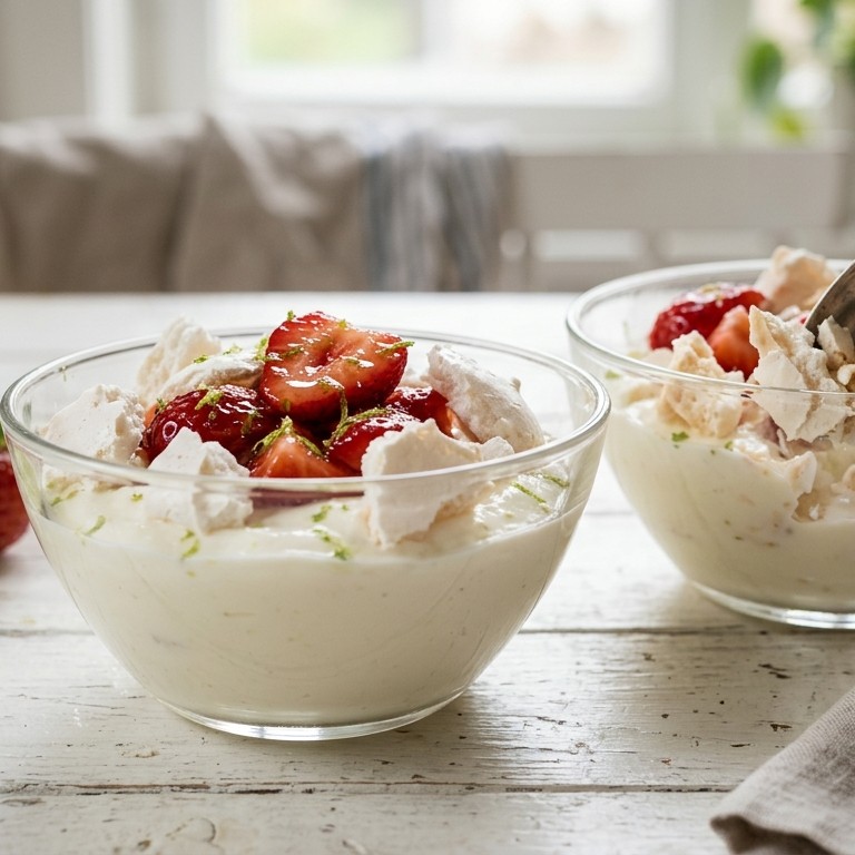 Roomyoghurt met schuimkoekjes en aardbeien recept