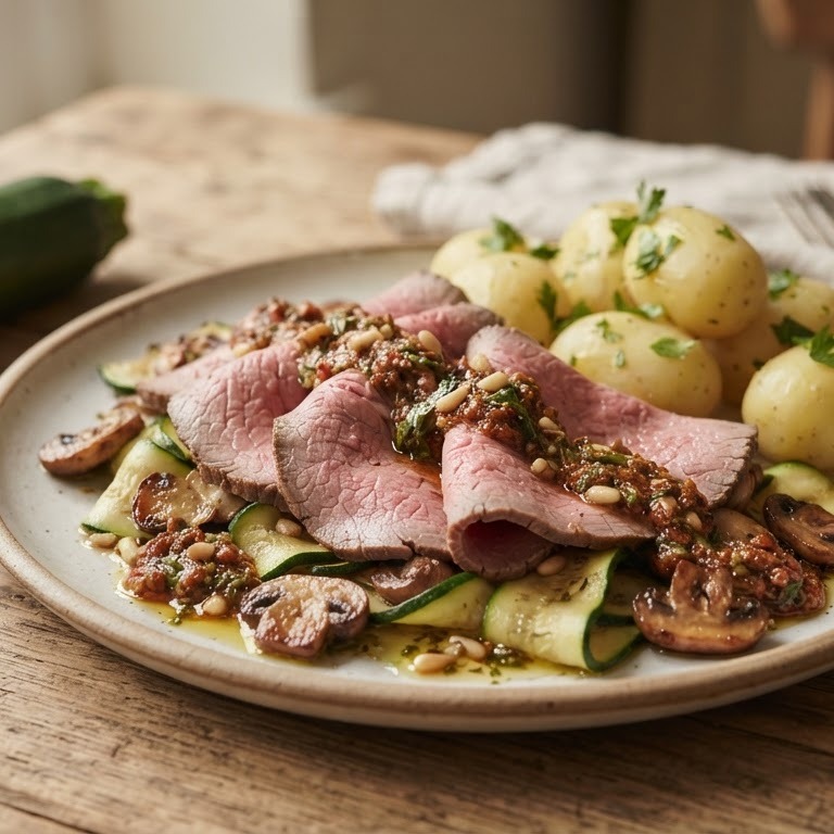 Rosbief in rode pesto met courgette en champignons recept
