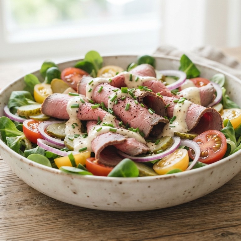Rosbiefsalade met trostomaatjes, rode ui en augurken recept