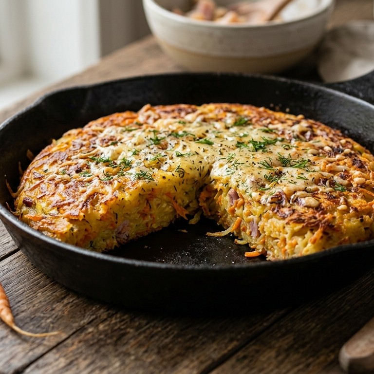 Rosti (aardappelpannenkoek) met wortel en ham recept