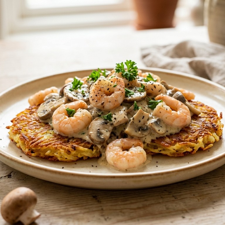 Rösti met romige garnalen en paddestoelen recept