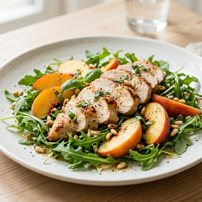 Rucolasalade met kip, perzik en pijnboompitjes recept