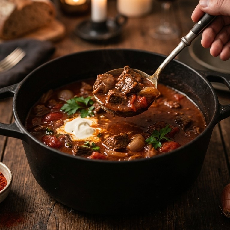 Rundergoulash met creme fraiche en vleestomaten recept