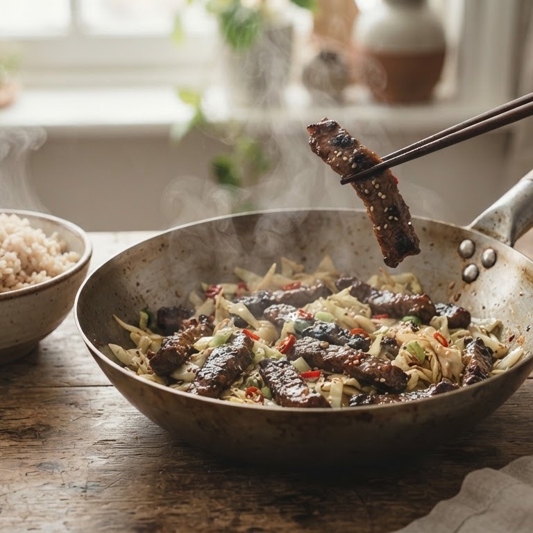 Runderreepjes met spitskool en zilvervliessrijst recept