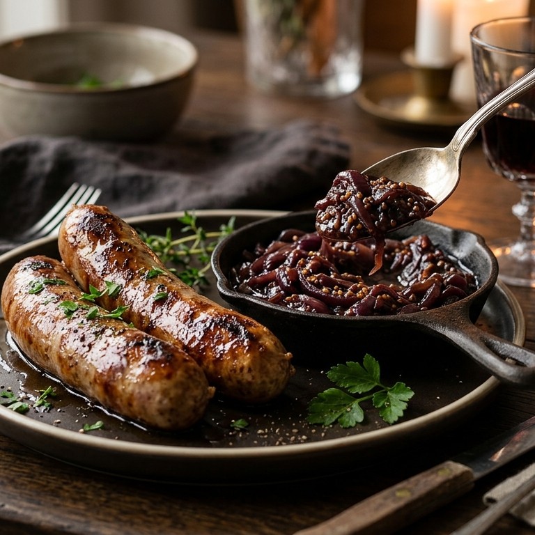 Rundersaucijs met rode uiencompote recept
