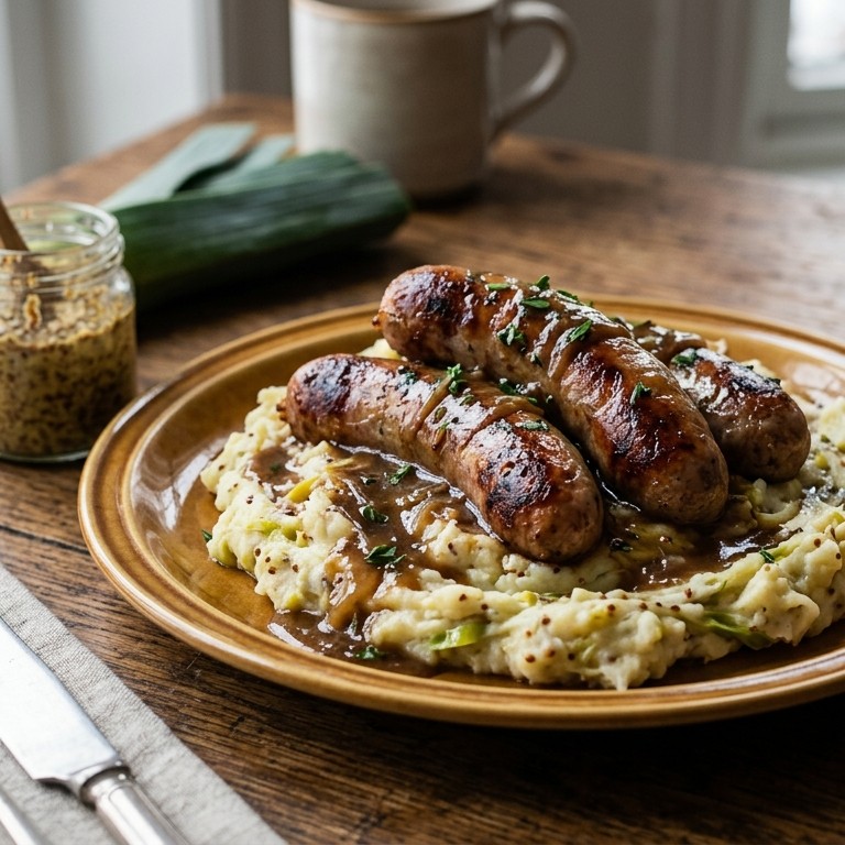 Rundersausijsjes met prei en mosterdpuree recept