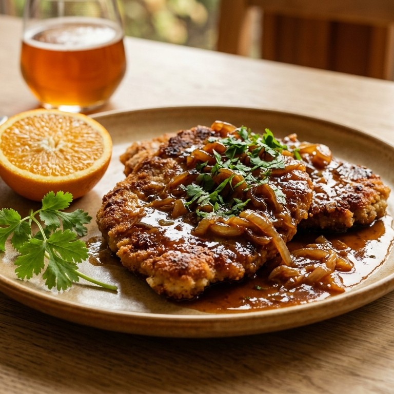 Runderschnitzel met sinaasappel-uiensaus recept
