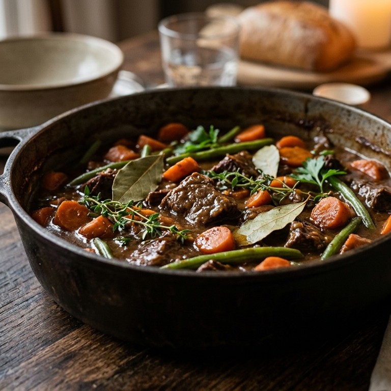 Runderstoofpotje met peen, sperziebonen en appelstroop recept