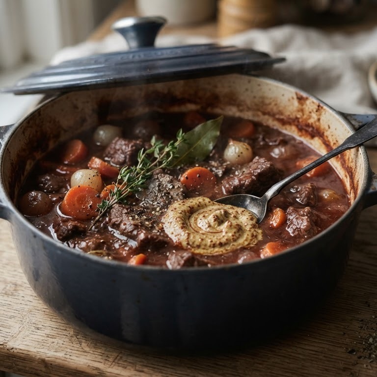 Runderstoofpotje met rode wijn, kruidnagels en Franse mosterd recept