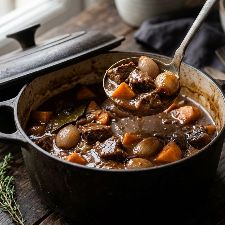 Runderstoofpotje met zoete aardappels, sjalotjes en ontbijtkoek recept