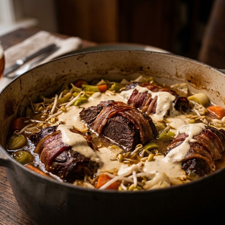 Rundvlees in bier en bouillon met zure roomsaus recept