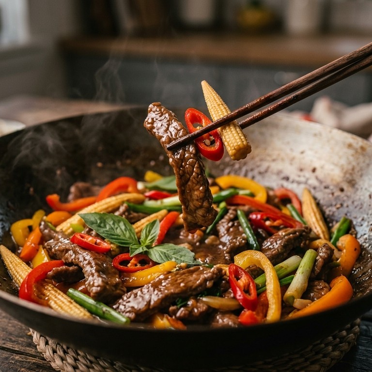 Rundvlees met chilipepers, paprika en maïskolfjes recept