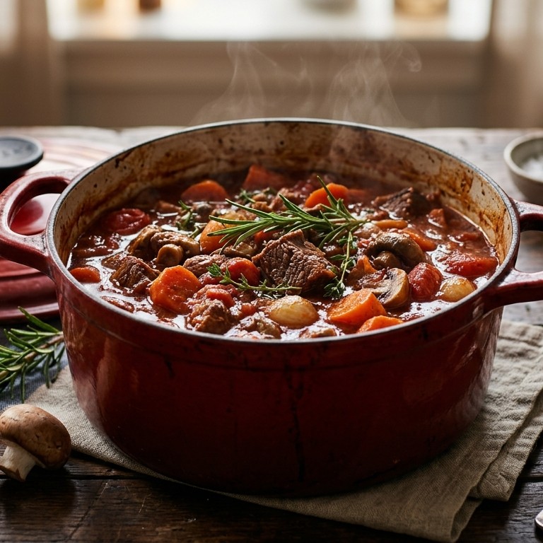 Rundvleesstoofpotje met tomaat, wortel en rode wijn recept