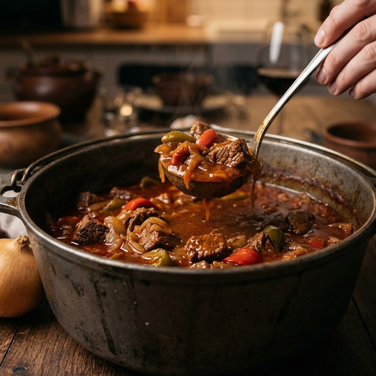 Rundvleesstoofschotel met ui en paprika recept