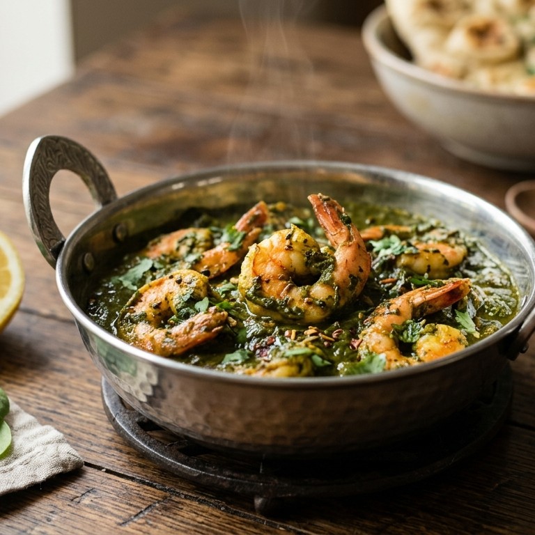Saag jhinga (Spinazie met garnalen) recept