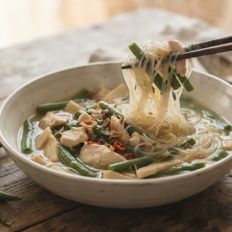 Sajoer boontjes met kip en mihoen recept