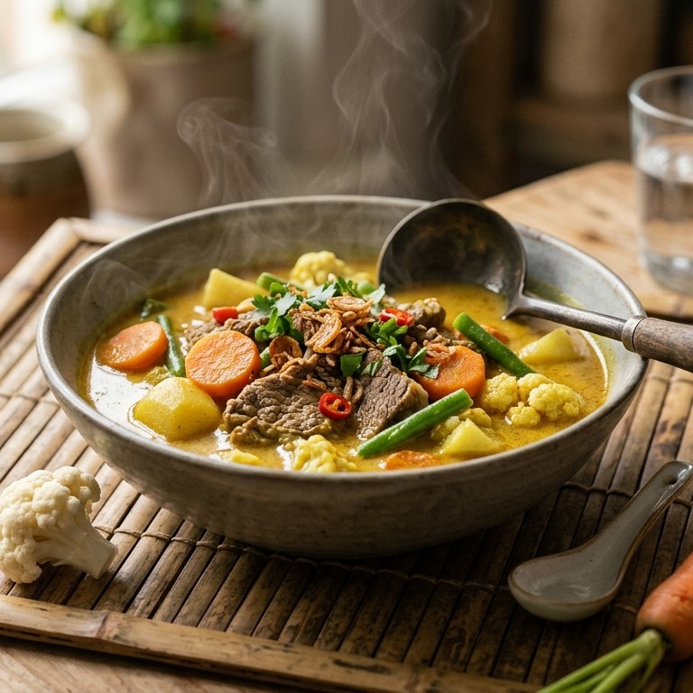 Sajoer kari bogor (bouillon met rundvlees, groente en kerrie) recept