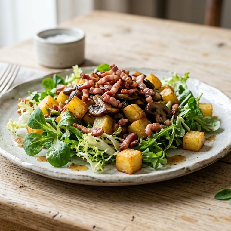 Salade met aardappelblokjes, champignons en ontbijtspek recept