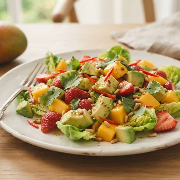Salade met avocado, mango en aardbeien recept