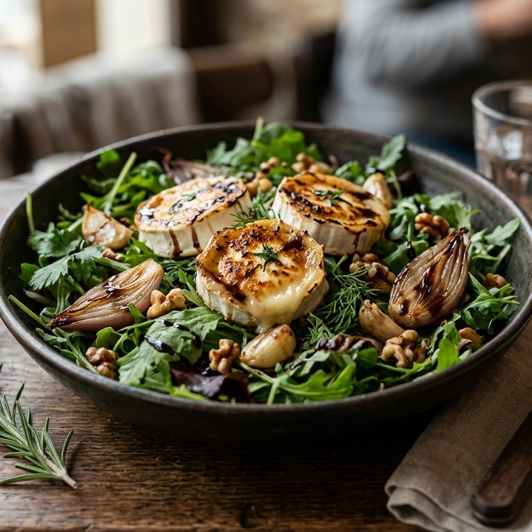Salade met gegrilde geitenkaas en knoflook recept
