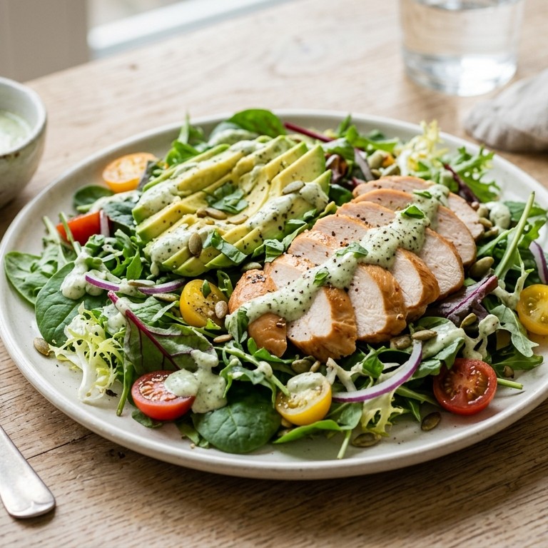 Salade met gerookte kip, avocado en pesto- yoghurtsaus recept