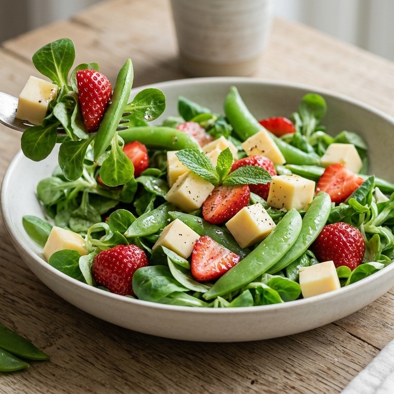 Salade met kaas,aardbeien en sugarsnaps recept