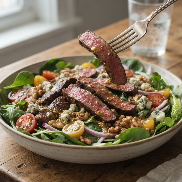 Salade met reepjes biefstuk en roquefort recept