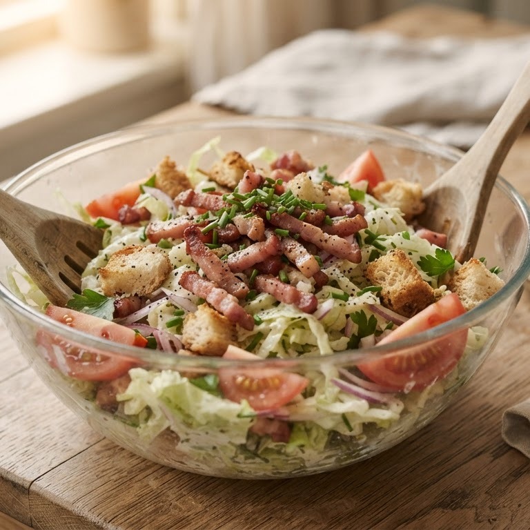 Salade met spekreepjes en croutons recept