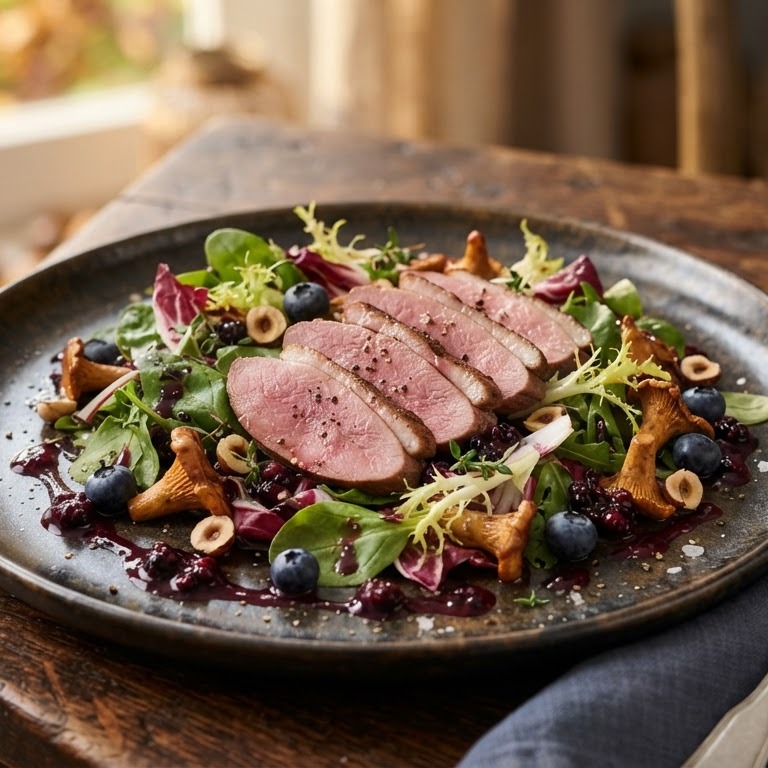 Salade met wilde duif, paddestoelen en bessenvinaigrette recept