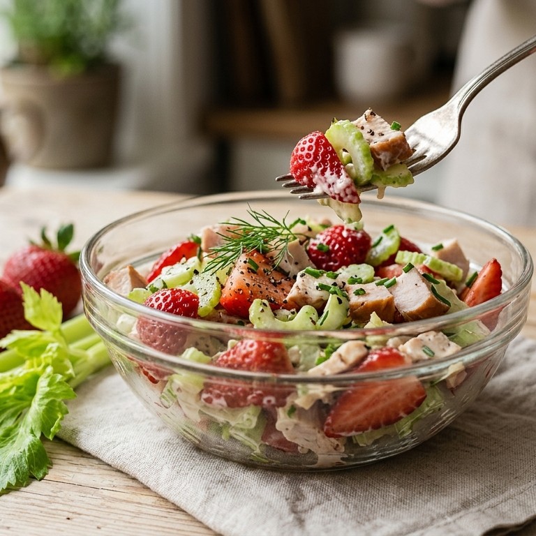 Salade van aardbeien, bleekselderij en gerookte kip recept